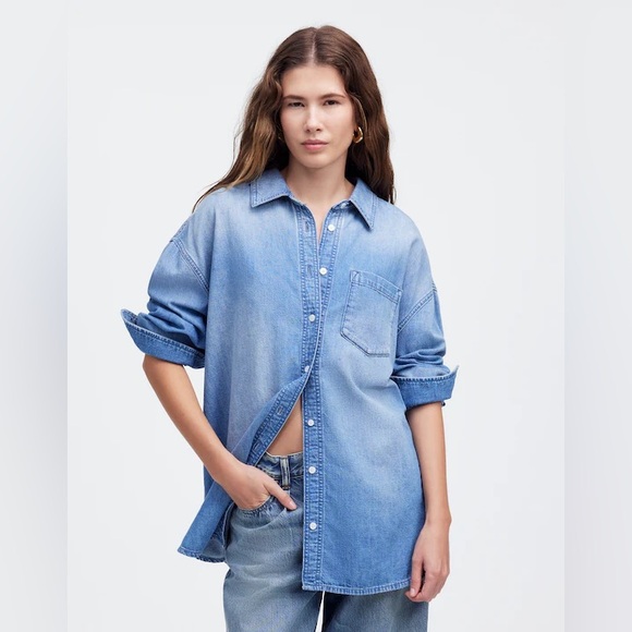 NWT Madewell Denim Oversized Button Up Shirt in Marnie Wash Size XXS - Picture 2 of 2